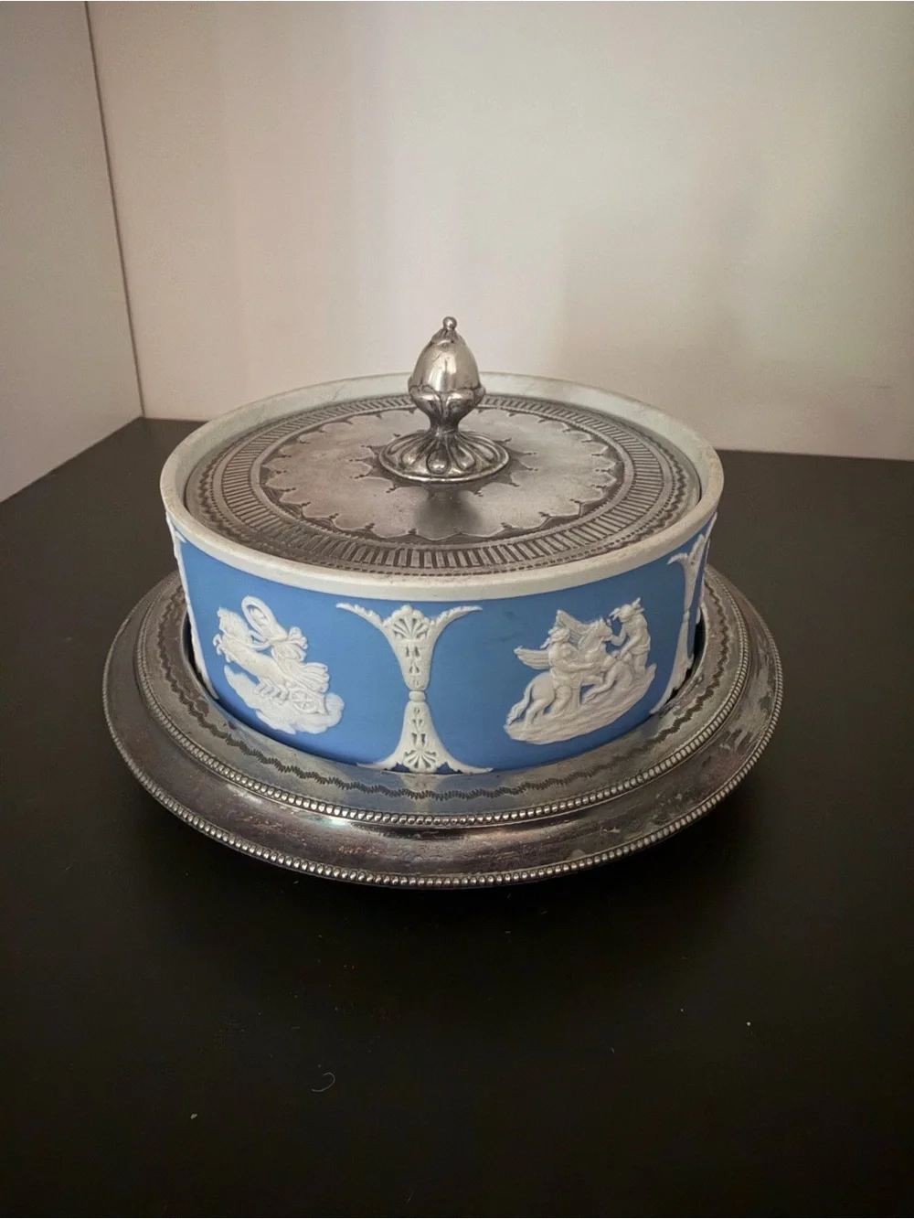 Antique Wedgwood Light Blue Jasperware Lidded Butter Dish w/ Silverplate Stand
